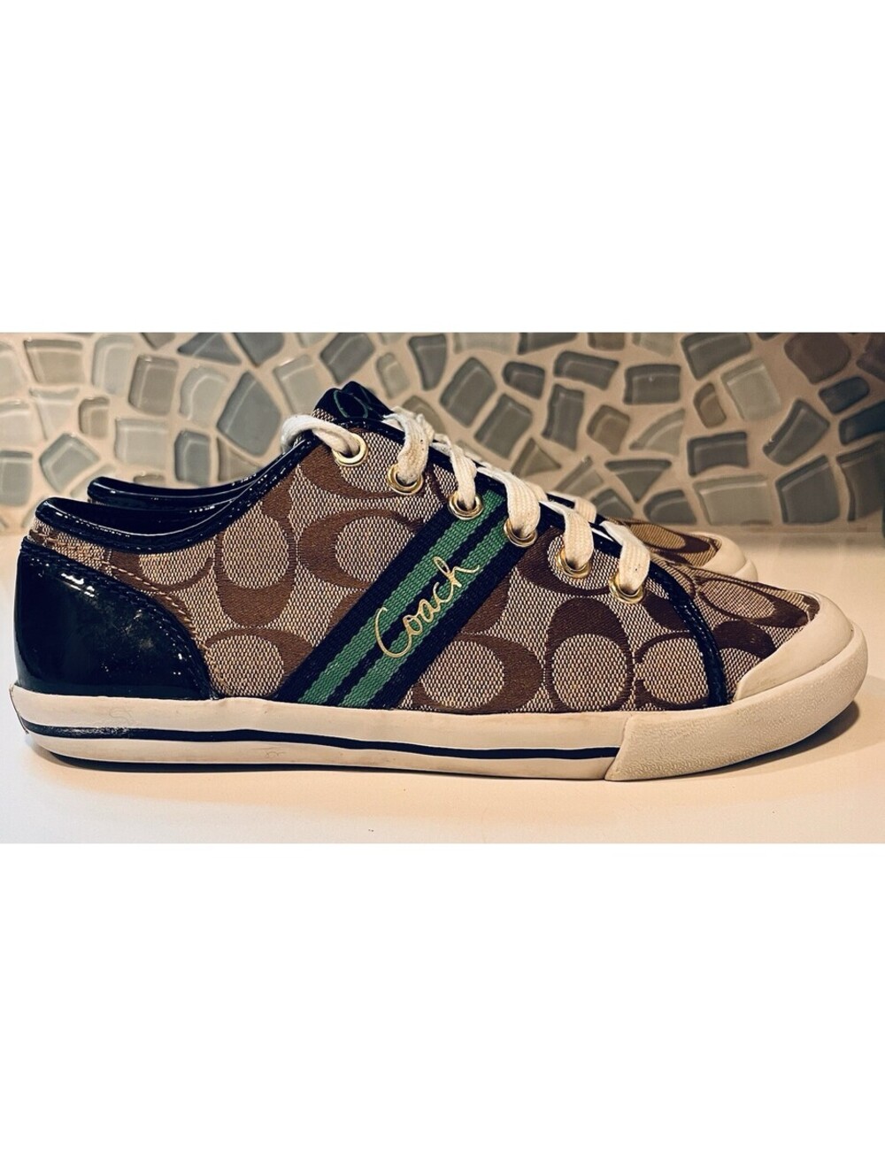 Coach Folly Q1024 Women’s Size 7B Signature Canvas Sneakers Khaki Brown Green
